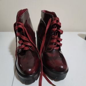 BAMBOO Burgandy patent faux Leather, platform lug sole heeled boot